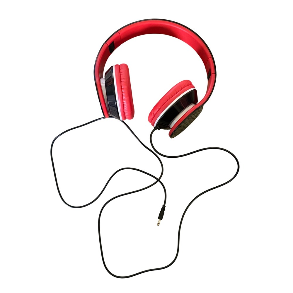Red Wired Over Ear Headphones Padded Cushions 3.5mm Jack Adjustable Headband